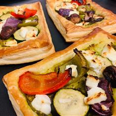 Mediterranean Vegetable, pesto and goats cheese tart 
